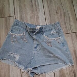 Light Wash Rhinestone Fringe High-Rise Denim Shorts